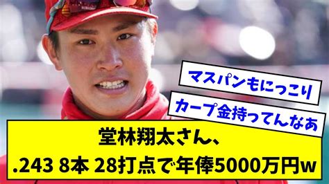 【カープ金持ってんなぁ】堂林翔太さん、243 8本 28打点で1400万アップして推定年俸5000万になってしまうww