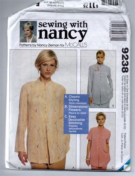 9238 Mccalls Sewing Pattern Nancy Zieman Mandarin Collar Top Size S M L