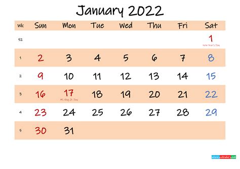 Printable Calendar January 2022 Template K22m553