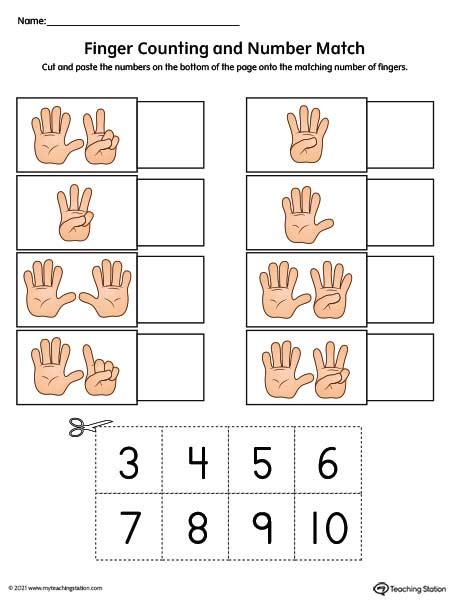Finger Counting Number Match Cut And Paste Printable Worksheet Color