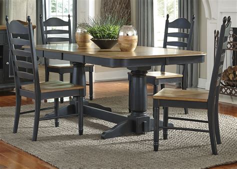 Featuring a double pedestal table base with an extendable table top, it is accompanied by side chairs with graciously rolled back dressed in a premium grey chenille fabric. Springfield II Honey and Black Extendable Double Pedestal ...