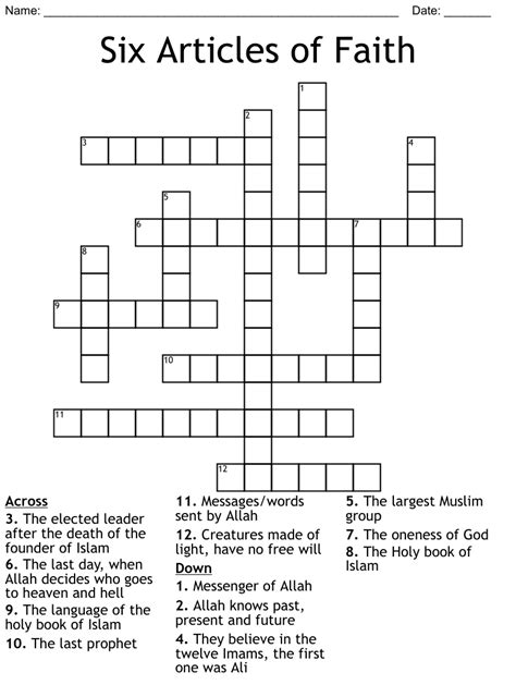 Six Articles Of Faith Crossword Wordmint