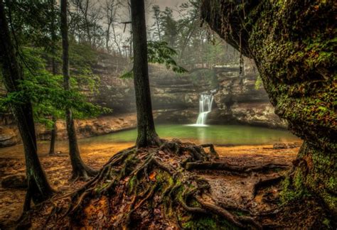 Waterfalls Usa Trees Hdr Upper Falls Old Mans Cave Hocking