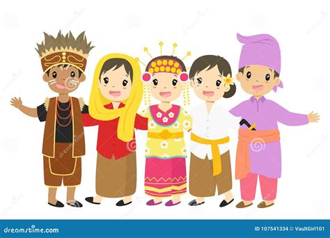 Happy Indonesian Children In Traditional Dress Cartoon Vector Stock