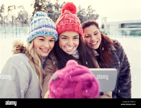 Happy Teenage Girls Taking Selfie With Smartphone Stock Photo Alamy