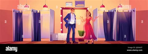 Man Looking At Girl Trying Red Dress In Fitting Room In Fashion Store Vector Cartoon
