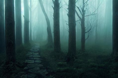 Landscape Of Haunted Mist Forest With Pathway Dark Background Creepy