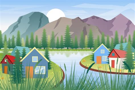Premium Vector Mountain And Lake Landscape Illustration