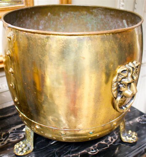 Pair Of 19th Century English Brass Planters With Lion Handles At
