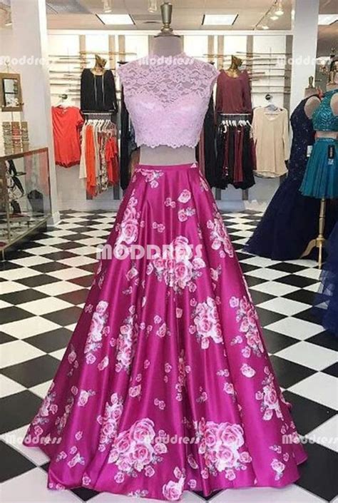 2 Pieces Pink Long Prom Dresses Lace Evening Dresses A Line Formal Dre