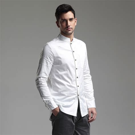Modern Mandarin Collar Snap Button Shirt White High Collar Shirts