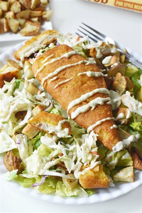 Put the fish in a shallow dish, brush lightly with oil, salt and pepper. Mouthwatering Fish & Chips Salad with Potato Croutons ...