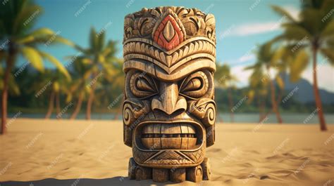 Premium Ai Image Ancient Idols On The Beach Creates Tribal Wooden Tiki Masks In Vintage Style