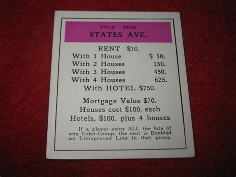 1952 Monopoly Popular Ed Board Game Piece States Ave Title Deed