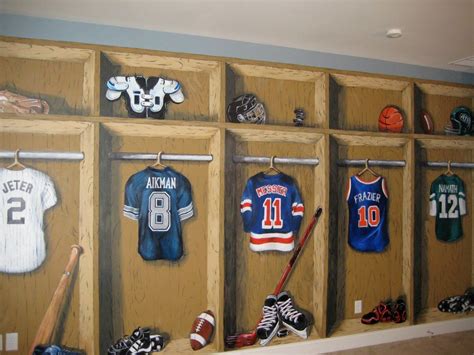 With a comic style, this modern mural bursts with color and embodies the. Faux lockers and sports equipment. | Mural, Wall painting ...