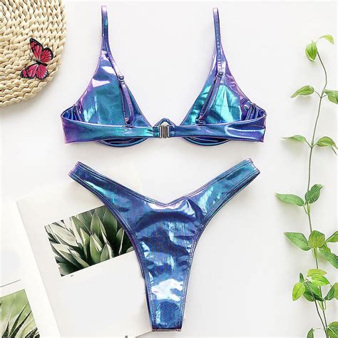 Women Summer Sexy Brazilian Bikini Set Holographic Shiny Metallic