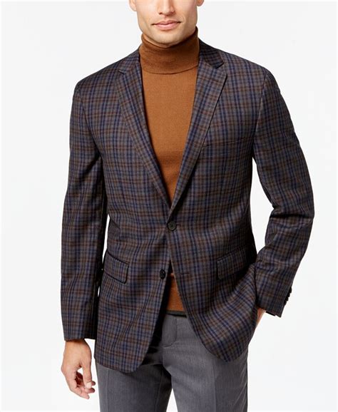 Vince Camuto Mens Slim Fit Graybrownblue Multi Plaid Wool Sport Coat