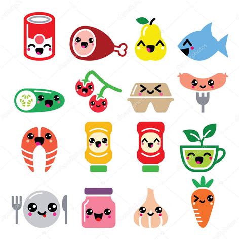 Kawaii Cute Food Characters Meat Vegetables Fruit Icons Set Stock