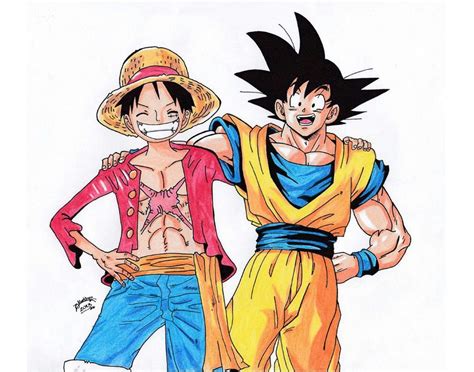 Luffy Goku One Piece Dbz Anime Crossover Dragon Ball Art Anime