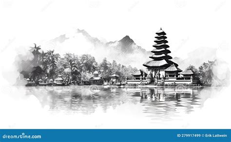 Bali Indonesia Illustration In Black And White Pencil Sketch Made
