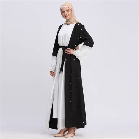 Fashion Women Muslim Cardigan Lace Abaya Dress Patchwork Beading Dubai