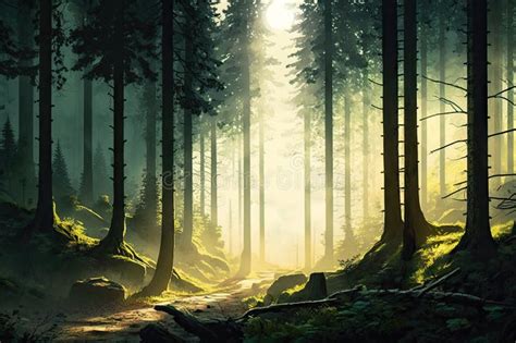 Panoramic View Of Dense Forest With Sunlight Filtering Through The