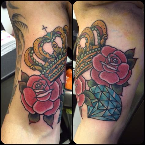 Traditional Tattoo Crown Diamond And Roses Inner Bicep Crown Tattoo