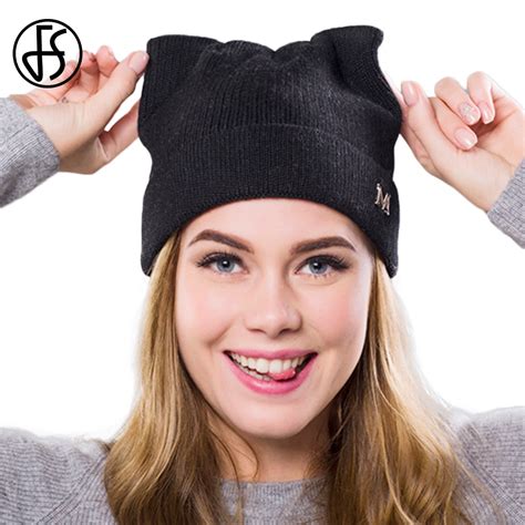 Fs Black Cat Ears Hat Winter Women Knit Skullies Beanies Casual