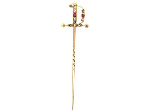 Edwardian 15ct Gold Ruby Diamond And Natural Pearl Sword Tie Pin 246o