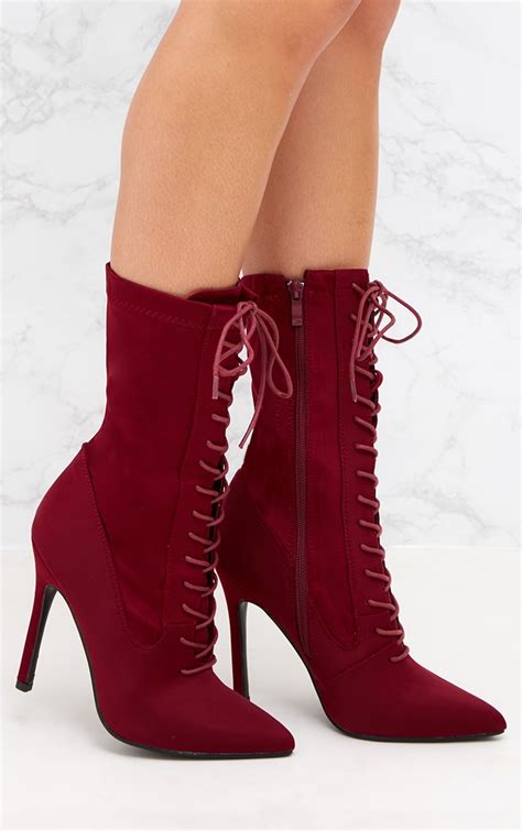 Burgundy Lycra Lace Up Ankle Boot Shoes Prettylittlething