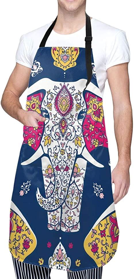 Mandala Elephant Adult Apron For Men And Women With 2 Pockets And Extra Long Tie Water Drop