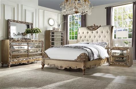 Shop by furniture assembly type. Orianne Collection Bedroom Set Gold Wood and Mirrored ...