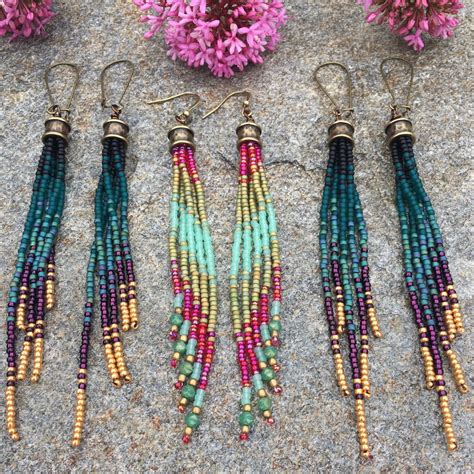 Seed Bead Earrings Long Bohemian Beaded Earrings Fringe Etsy In 2021