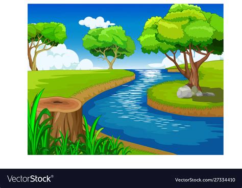 Cognitive cartoon who live in the river with chevostikom. Cool grass hill with river landscape view cartoon Vector Image