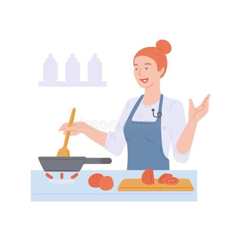 Woman Cooking Food In Kitchen Cartoon Cook In Apron Stirring