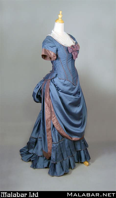 Light Blue Satin Victorian Dress With Bustle Corseted Top And Chest