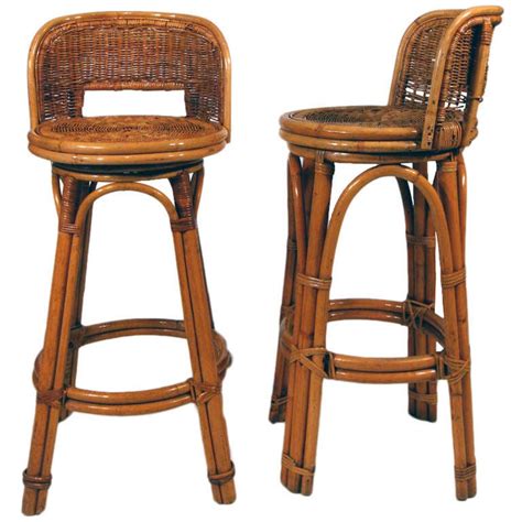 Rattan Bar Stool Pair With Woven Wicker Seats At 1stdibs