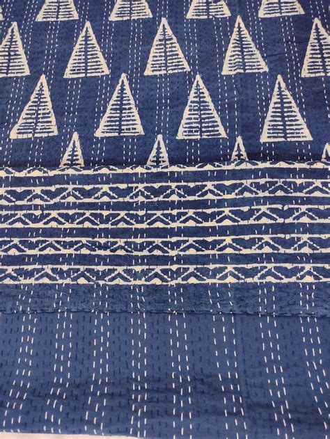 Printed Cotton Indigo Blue Hand Dye Kantha Bedspread Size 90 X 108