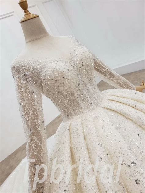 Glitter Wedding Dress Sparkle Ball Gown Long Sleeve Bridal Gown