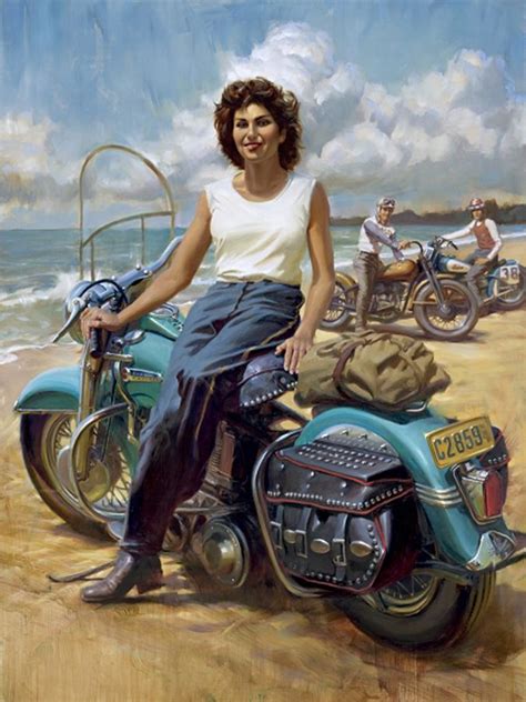 A Painting Of A Woman Sitting On A Motorcycle At The Beach With Other