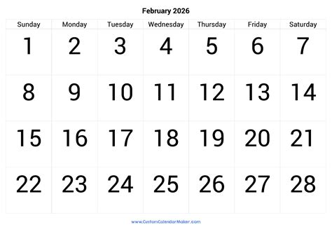 February 2026 Calendar Printable With Large Numbers