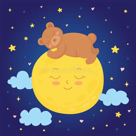 Cute Baby Bear Sleeping On A Moon Starry Night Sky Stock Vector
