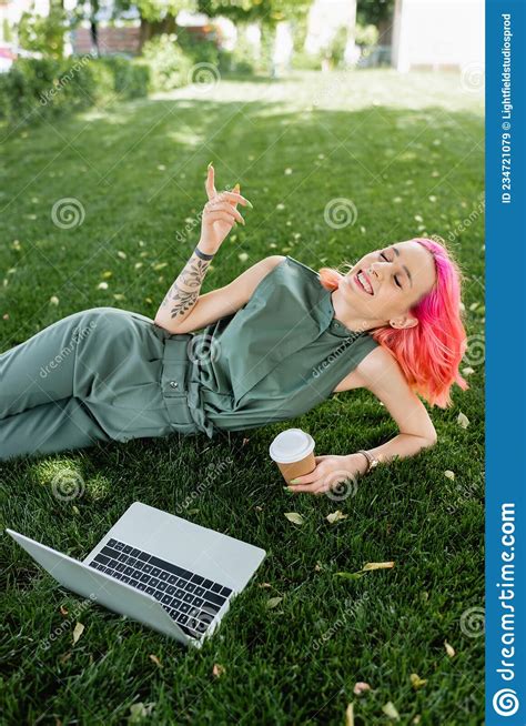 Happy Woman With Pink Hair And Stock Image Image Of Laptop Piercing