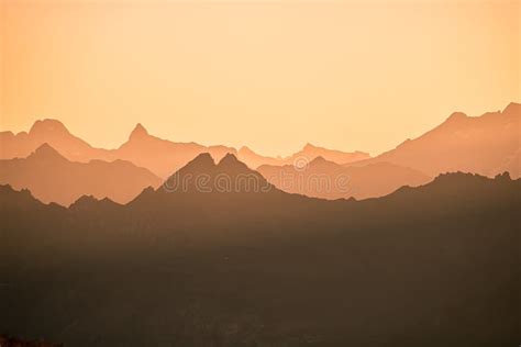 Beautiful Mountain And Sunset At Swiss Alps Dark Silhouette Of