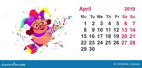 Pig Clown Calendar April 2019 Year Fools Day Stock Vector