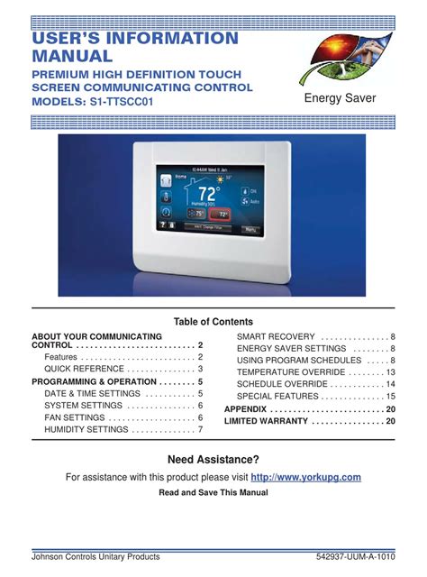 Johnson Controls S1 Ttscc01 Touch Panel Users Information Manual