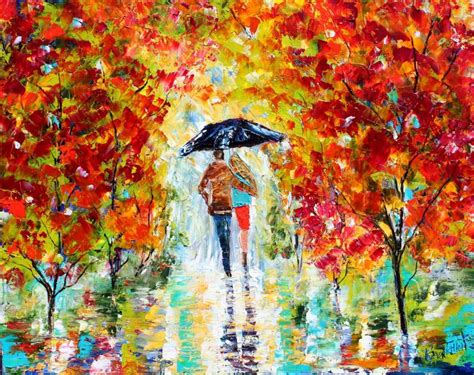 Karen Tarlton Original Oil Painting Autumn Rainy Romance By Karen Tarlton
