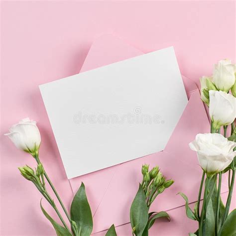 Invitation Card Mockup With Envelope And White Eustoma Flowers Stock