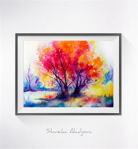 Colorful Tree Landscape Watercolor Painting Print By Slaviart Landscape