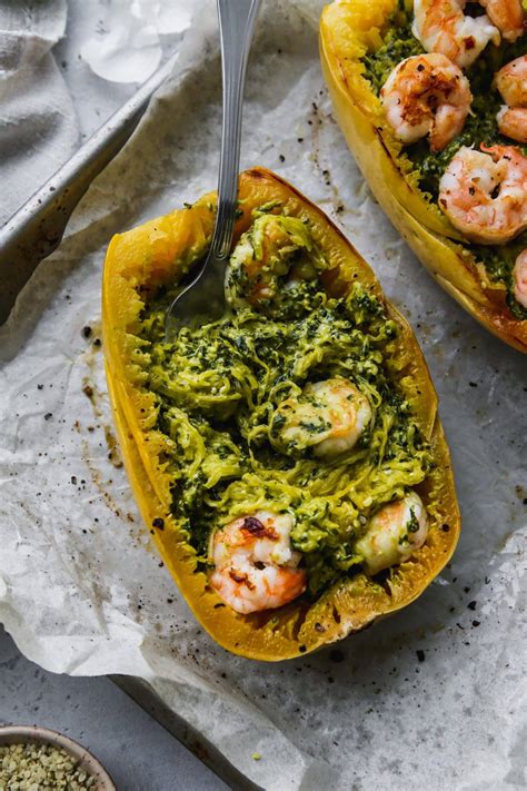 Spaghetti Squash With Pesto And Shrimp Walder Wellness Dietitian